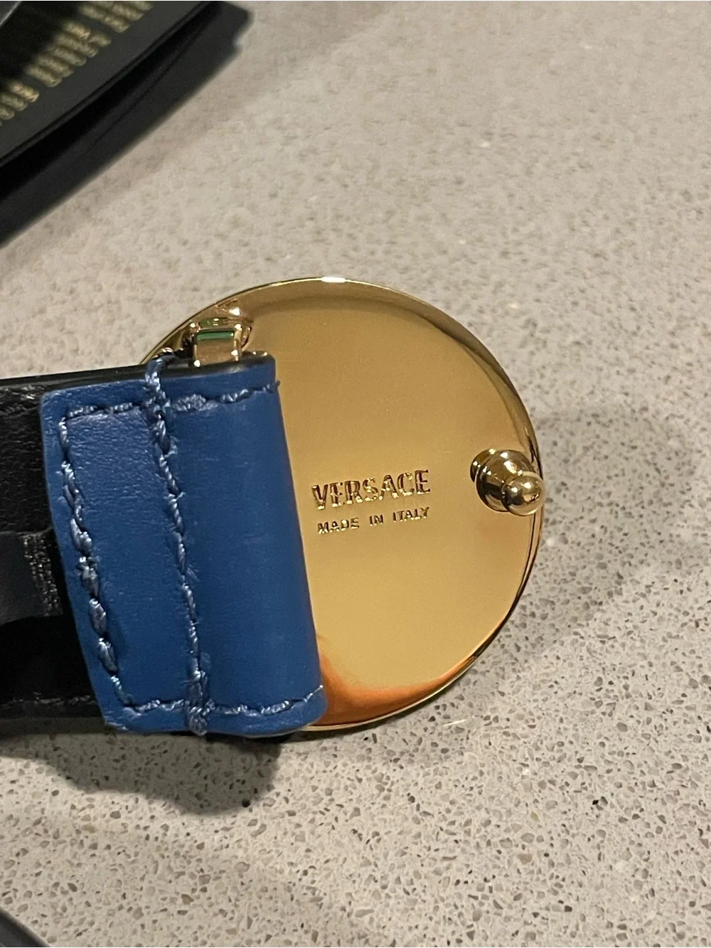 Versace Blue Leather Belt with Gold Medusa Buckle  SZ 110/44